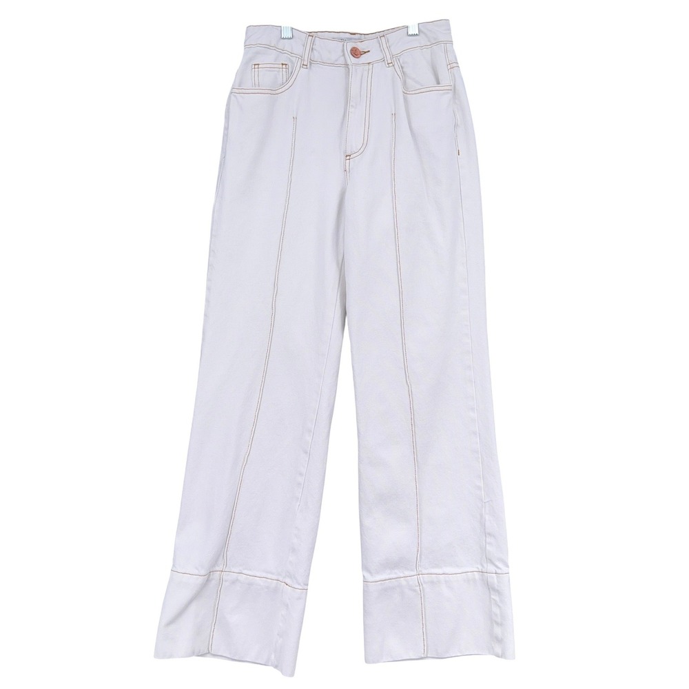 Zara Wide Leg Jeans Women 2 100% Cotton White Contrast Stitch High Rise